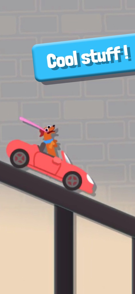 Sausage Flip - Discover delightful in-game elements, such as the dachshund character joyfully driving a red sports car up an incline, adding a humorous twist to gameplay.