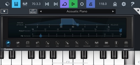 Cubasis LE 3 - Questo strumento integra una tastiera virtuale sensibile per la creazione di melodie, affiancata da un editor di inviluppo dettagliato che consente di modellare parametri come l'Attack e il Release per suoni personalizzati.
