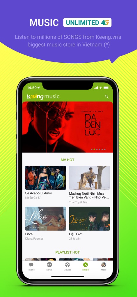 Mocha: Unlimited data - Cet outil intègre une plateforme musicale riche, offrant des millions de titres de Keeng.vn, et met en avant des sections dédiées aux 'MV chauds' et aux 'Playlists tendances'.