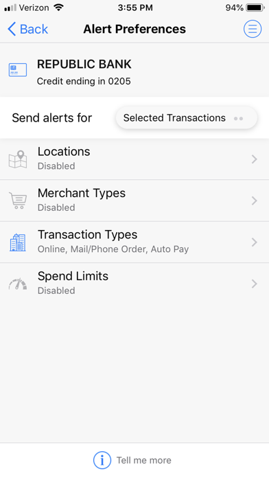 Republic Bank Card Controls Screenshot