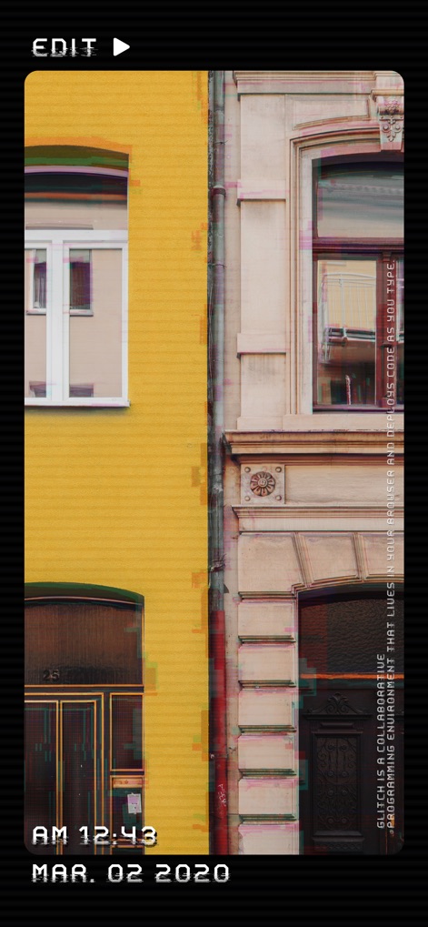 Dazz Cam ‎ - Delve into the 'EDIT' capabilities, showcasing how the app transforms ordinary scenes with its unique digital glitching and aged film textures.