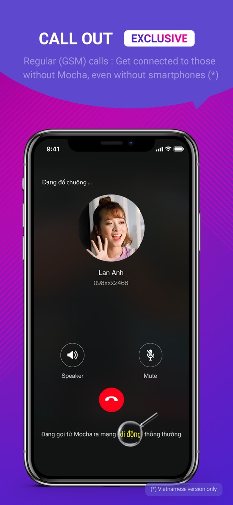 Mocha: Unlimited data - L'application facilite les appels GSM vers des numéros externes et offre des contrôles intuitifs comme les options 'Haut-parleur' et 'Muet' pour une communication fluide.