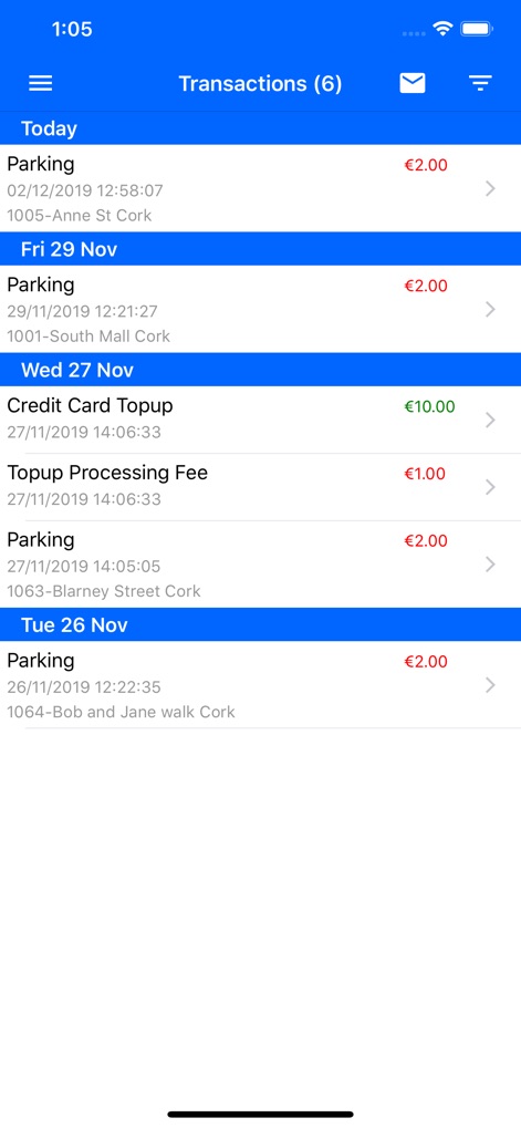 Cork Park by Phone - Nutzer können eine detaillierte Liste aller Transaktionen einsehen, inklusive spezifischer Buchungsdetails für "Parking" und "Credit Card Topup" sowie klarer Datums- und Betragsangaben.