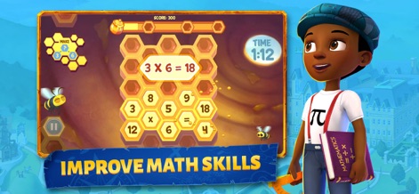 Adventure Academy - Engage with the dynamic honeycomb math game, featuring multiplication problems like '3 x 6 = 18' and a dedicated character holding a 'Mathematics' textbook.