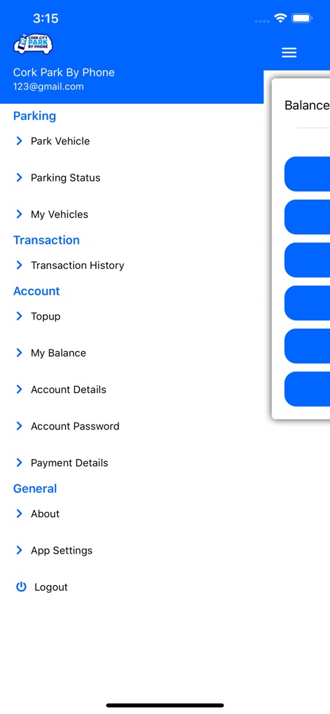 Cork Park by Phone - Die App bietet eine klare Menüstruktur mit organisierten Kategorien wie "Parking" und mehreren Navigationsoptionen wie "Park Vehicle" und "My Balance", um eine einfache Steuerung zu ermöglichen.