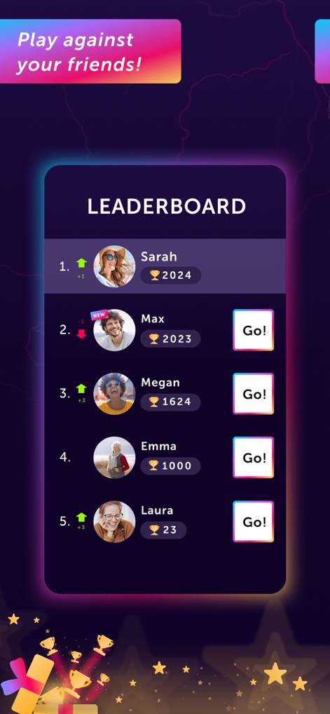Word Blitz ･ - Die App fördert den Wettbewerb durch eine übersichtliche Bestenliste, die die Platzierungen der Spieler mit ihren Trophäen zeigt, und direkte 'Go!'-Buttons für schnelle Herausforderungen bietet.