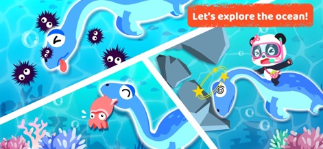Baby Panda Preschool Science - La herramienta invita a explorar el océano, mostrando al panda montando un animal marino azul y la rica vida submarina con sus coloridos corales y erizos de mar negros.