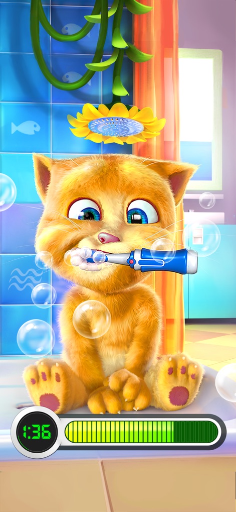Talking Ginger - Esta captura mostra o aplicativo facilitando a escovação dos dentes do personagem com uma escova elétrica azul e diversas bolhas flutuantes para engajar os pequenos.