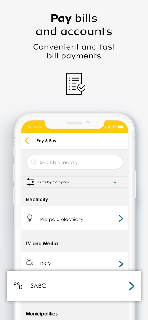 MTN MoMo SA - The "Pay & Buy" section demonstrates comprehensive bill payment options, including categories like "Electricity" and "DSTV", alongside useful search and filter capabilities.
