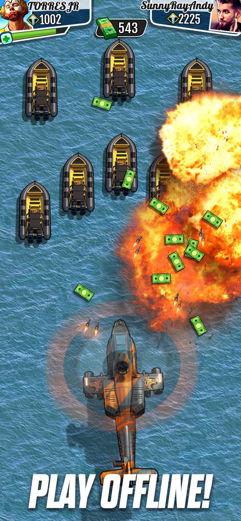 Fastlane: Fun Car Racing Game - Aquí se observa una explosión masiva en el agua y misiles disparados desde una aeronave contra múltiples botes.