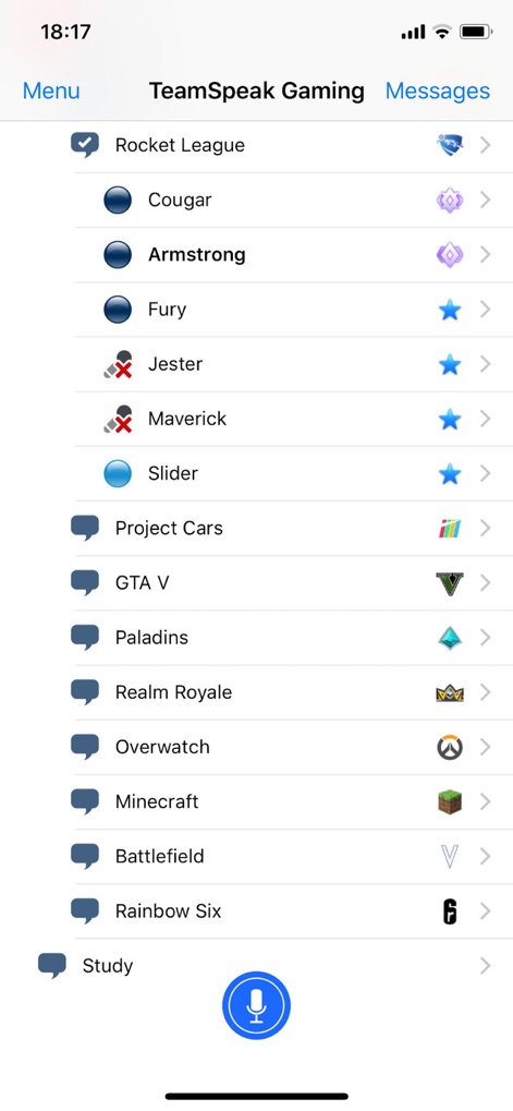 TeamSpeak 3 - この画面では、様々なゲームチャンネルと、メンバーのオンラインステータスアイコン、そして各ゲームの専用アイコンを確認できます。これにより、ゲーマーは簡単に仲間と合流し、コミュニケーションを開始できます。