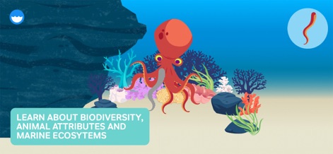 MarcoPolo Ocean - The app showcases rich marine biodiversity, illustrating detailed characteristics of creatures like the octopus alongside vibrant coral reef formations.