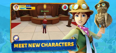 Adventure Academy - Discover the vibrant world of the academy, showcasing unique characters like the adventurer with an owl and interactions with mentors such as 'Miss Jeanina'.