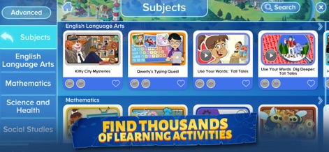 Adventure Academy - Explore the app's comprehensive curriculum, featuring distinct subjects like English Language Arts and visually engaging activity cards.