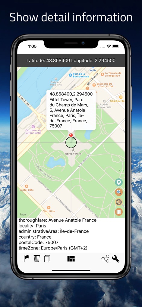 AddressFinder - Zipcode Lookup - Die App liefert umfassende Standortdetails, von der genauen Adresse bis zur Zeitzone, dargestellt in einer klaren Listenansicht.