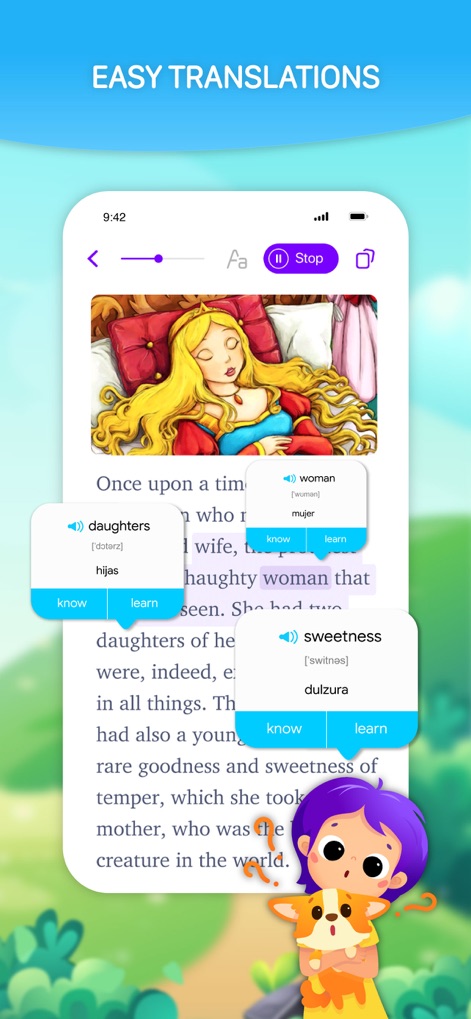 EWA Kids: English for children - See how users can easily get one-tap translations for words like "daughters" and "sweetness" directly within the reading interface.