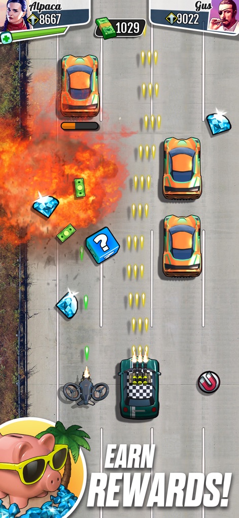 Fastlane: Fun Car Racing Game - La imagen resalta la obtención de recompensas como gemas y billetes, junto con la presencia de un dron de ataque.
