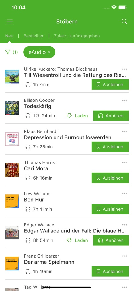Onleihe - Users can effortlessly navigate a filtered list of eAudio titles, with clear options to 'Anhören' (listen) or 'Ausleihen' (lend) and visible durations.