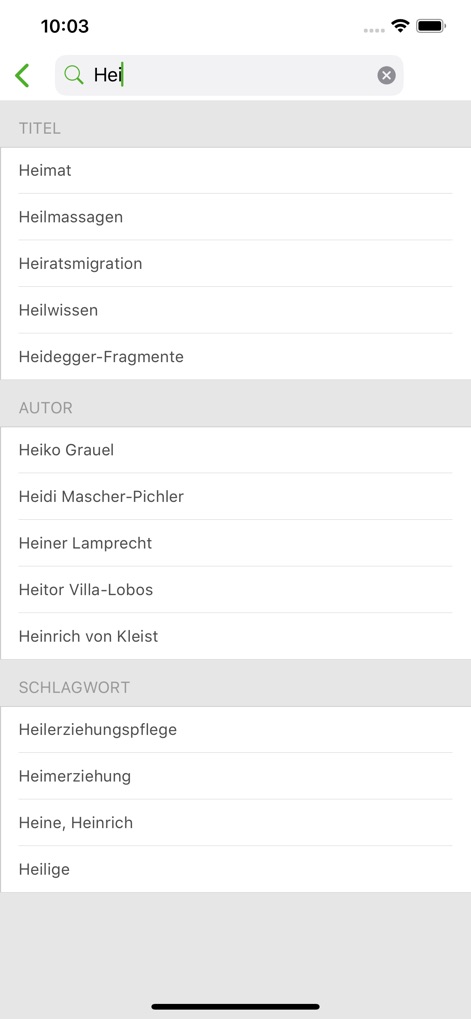 Onleihe - The app features a powerful text search with auto-completion, providing structured result lists categorized by 'Titel' and 'Autor' for efficient discovery.