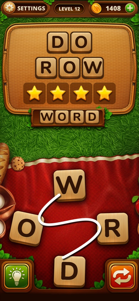 Word Snack - Picnic with Words - See how the app allows users to swipe letter tiles to form words and view their progress on the puzzle board, creating an intuitive gameplay experience.
