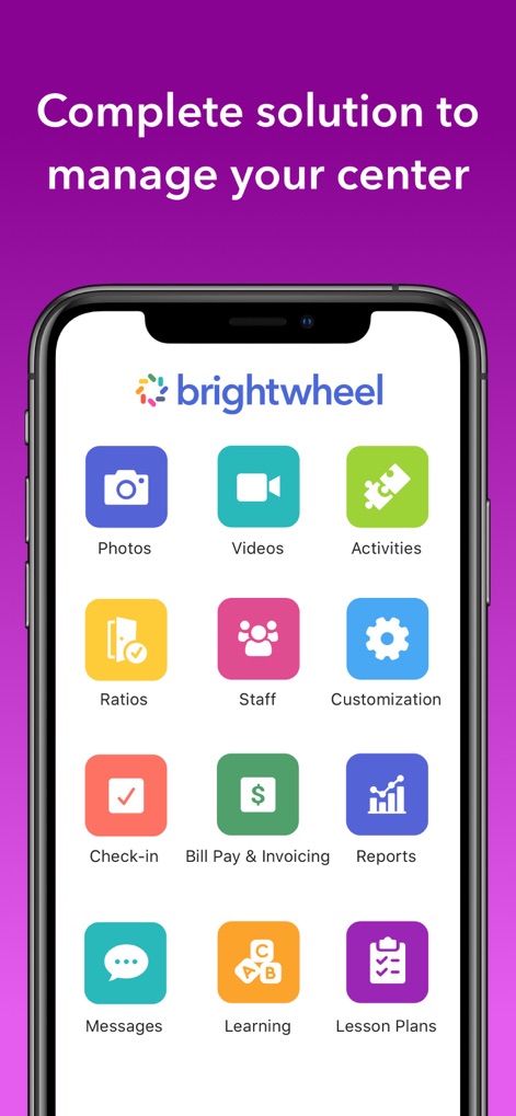 brightwheel: Child Care App - Explore the app's comprehensive management hub, featuring intuitive icons for various functions like "Bill Pay & Invoicing" and "Lesson Plans".