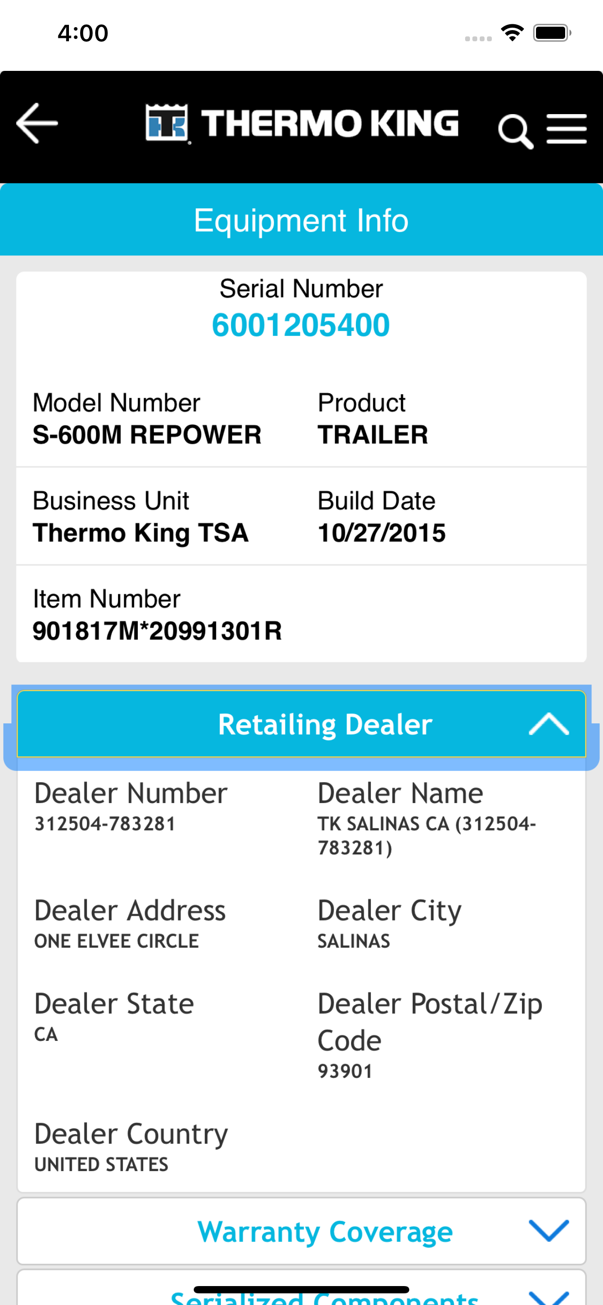 Trane Technologies WMS screenshot 4