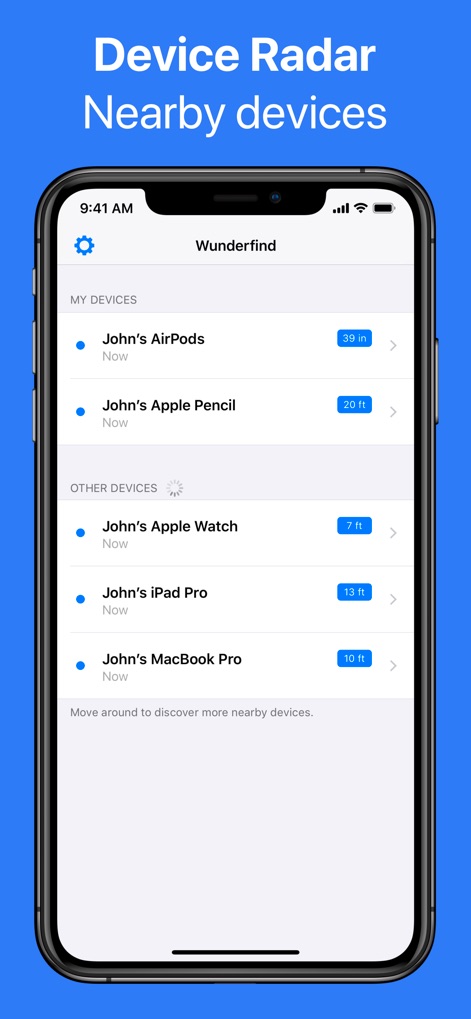 Wunderfind: Find Lost Device - The comprehensive Device Radar displays a live list of all 'MY DEVICES' and 'OTHER DEVICES' with their precise distances, such as '39 in' or '20 ft'.