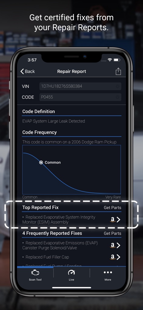 BlueDriver OBD2 Scan Tool - Users can access in-depth 'Repair Reports' that display a clear 'Code Frequency' graph and list 'Top Reported Fixes' with direct links for parts, simplifying vehicle maintenance.
