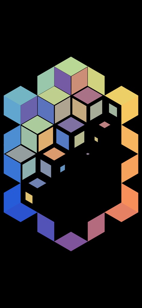 I Love Hue Too - Experience the unique visual depth of 3D cube-like blocks, revealing a dynamic geometric progression within a cool-toned palette of blues, greens, and purples.