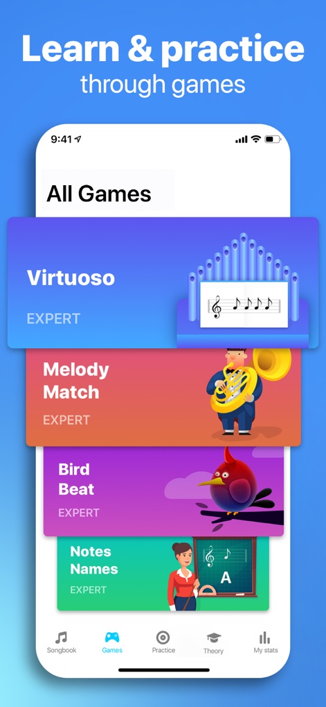Hello Piano: Learn Pro Lessons - Dive into the app's rich library of skill-building games, featuring challenges like 'Virtuoso' for playing technique and 'Bird Beat' for rhythm training.