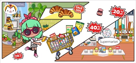 Miga Town: My Store - 豊富な品揃えの食品でショッピングカートを満たしたり（食料品）、魅力的な割引商品を見つけてお得に買い物ができます（セール品）。
