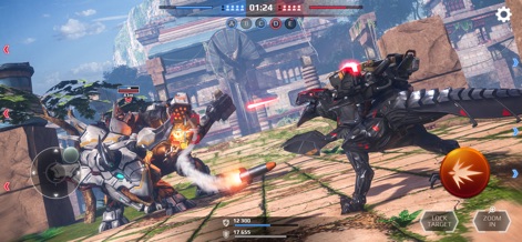 Jurassic Monster World 3D FPS - 強力な機甲恐竜同士の壮絶な戦いが描かれ、射出される未来的な弾丸とレーザー攻撃が交錯しています。