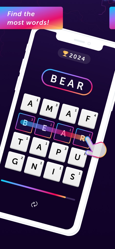 Word Blitz ･ - Die App zeigt das Kern-Gameplay mit einem klar strukturierten Spielbrett, auf dem Buchstaben aneinandergereiht werden, und einer interaktiven Handbewegung, die die Wortbildung visualisiert.