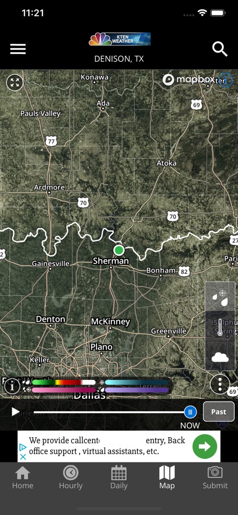 KTEN Weather - La herramienta ofrece un mapa geográfico de alta resolución con la ubicación actual resaltada por un marcador verde, e incluye controles interactivos para visualizar capas de radar y patrones meteorológicos sobre la región.