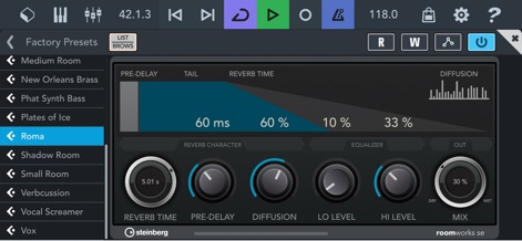 Cubasis LE 3 - L'app offre effetti di qualità professionale, come il riverbero RoomWorks SE, con un intuitivo grafico visivo per il 'Reverb Time' e una pratica lista di 'Factory Presets' per risultati immediati e personalizzabili.