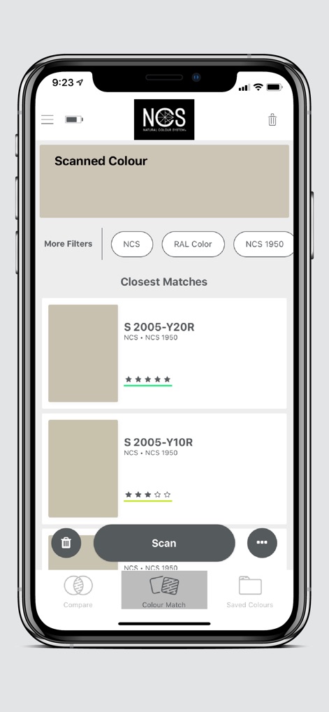 Colourpin - L'app mostra immediatamente il colore scansionato e presenta un elenco di "Closest Matches" (abbinamenti più vicini) con le rispettive notazioni NCS, offrendo opzioni di filtraggio per una selezione precisa.