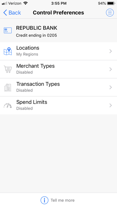 Republic Bank Card Controls Screenshot