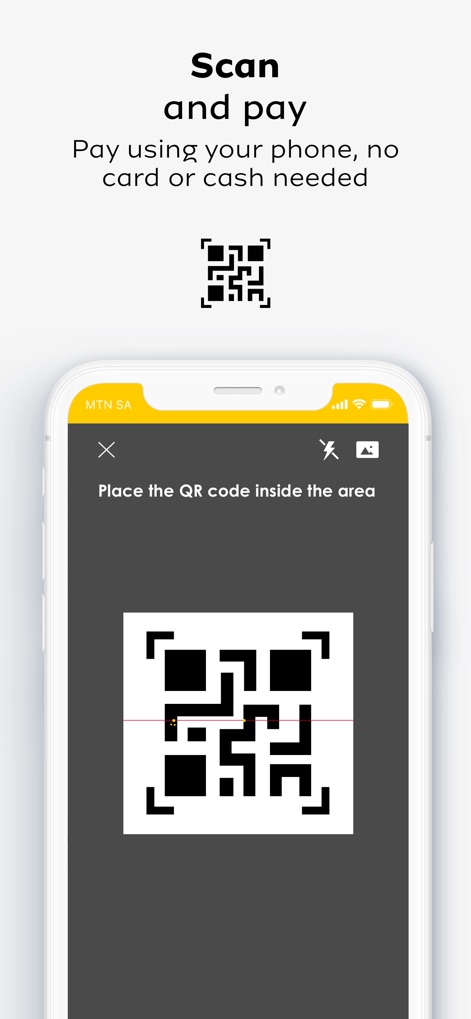 MTN MoMo SA - The app provides a dedicated "QR code scanner" interface, enabling users to "scan and pay" merchants directly from their phone without needing cash or a card.