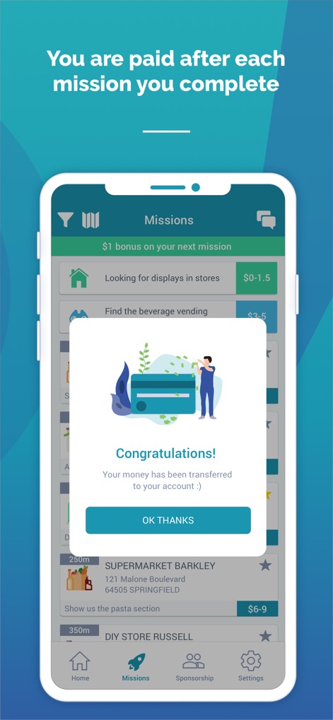 BeMyEye - Earn money - Les utilisateurs reçoivent une confirmation instantanée de leurs gains, illustrée par un virement sécurisé vers leur compte bancaire ou PayPal.