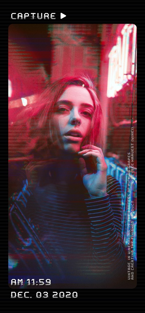 Dazz Cam ‎ - Witness the 'CAPTURE' interface in action, demonstrating how users can instantly apply a signature glitch and retro film effect to their photos.