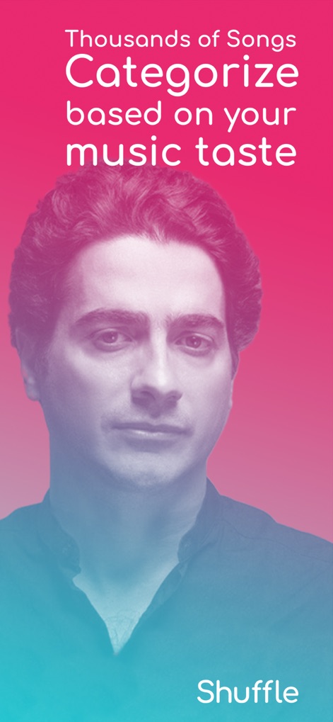 Shuffle Music - このアプリのパーソナライゼーション機能は、「Thousands of Songs」と表示された背景の男性の画像のように、ユーザーの音楽の好みに基づいて楽曲を分類し、独自のリスニング体験を提供します。