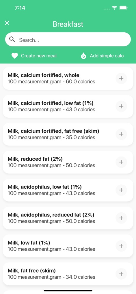Calories: Eat Clean Diet Track - Os usuários podem facilmente registrar suas refeições, utilizando a barra de pesquisa de alimentos e explorando a lista detalhada de itens com suas calorias correspondentes.