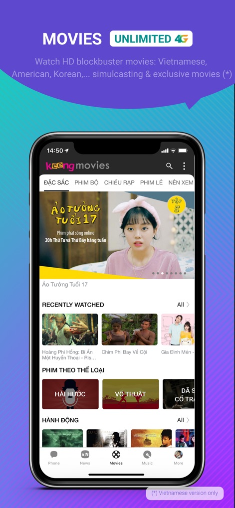Mocha: Unlimited data - L'application propose une sélection de films HD classés par genres, allant de l'action à l'humour, et inclut une section pratique 'Récemment visionné' pour reprendre la lecture facilement.