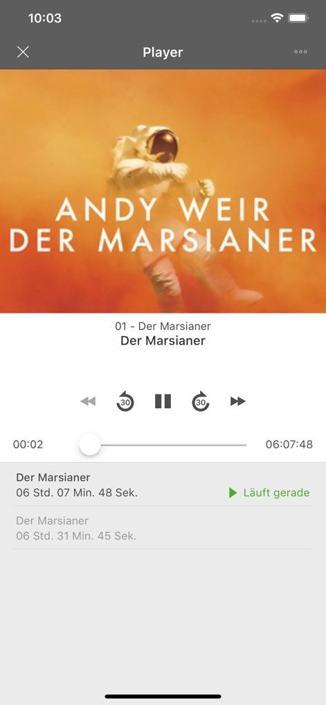 Onleihe - This tool provides a user-friendly integrated audio player, featuring essential playback controls and a clear progress bar for seamless listening.