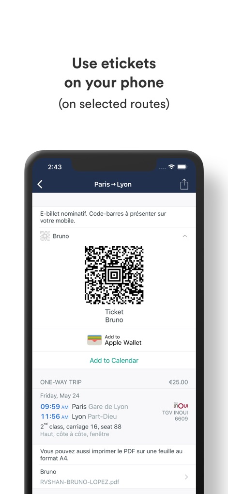 Trainline Business EU - Cet outil propose des e-billets nominatifs avec un code-barres QR pour un accès rapide, et permet d'ajouter le billet directement à l'Apple Wallet pour une gestion simplifiée.