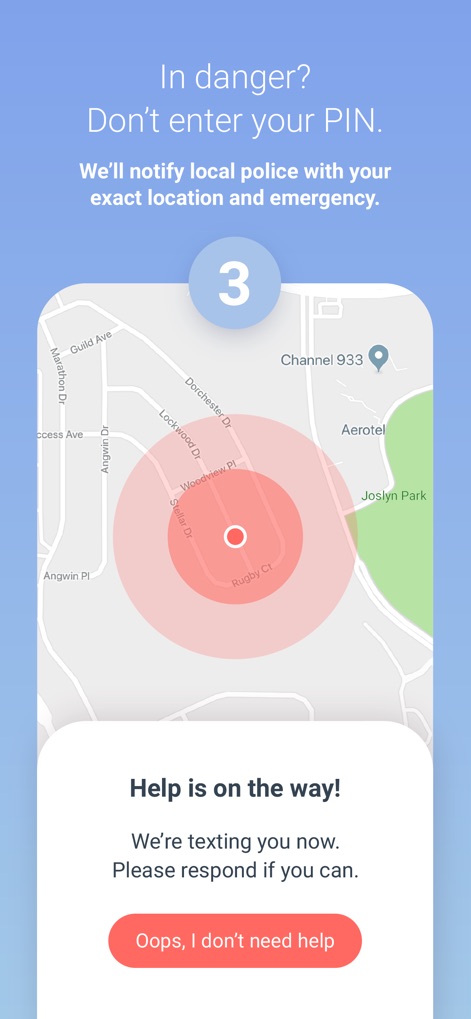 Noonlight: Feel Protected 24/7 - The app offers discreet emergency response, instantly notifying local police with the user's 'exact location and emergency' clearly marked on a map with a red alert zone.