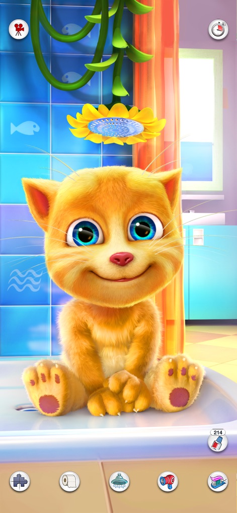 Talking Ginger - O aplicativo destaca Ginger sorrindo amplamente, com seus olhos azuis brilhantes e patas rosadas à mostra, pronto para mais interações e aventuras.