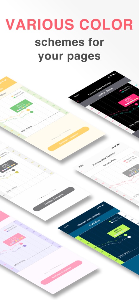 SmartDiet: Weight Loss Watcher - Nutzer können das Erscheinungsbild der App personalisieren, indem sie aus zahlreichen Farbthemen wählen, die von kräftigen Tönen bis zu dezenten Schattierungen reichen und die grafische Darstellung des Fortschritts beeinflussen.