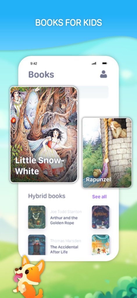 EWA Kids: English for children - Preview the extensive library of adapted children's books, showcasing titles such as "Little Snow-White" and a dedicated section for "Hybrid books."