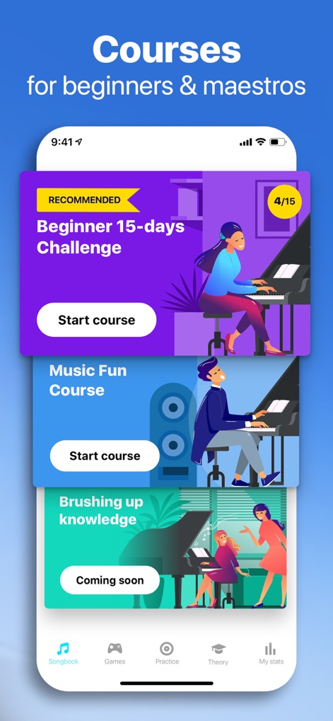 Hello Piano: Learn Pro Lessons - Explore the app's structured learning paths, offering tailored courses like the 'Beginner 15-days Challenge' and the comprehensive 'Music Fun Course'.